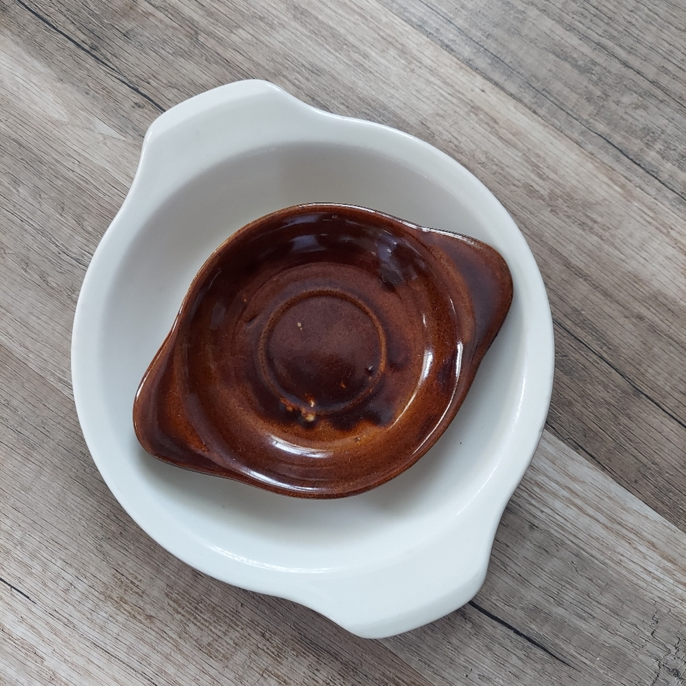 Vintage 70s Brown Glazed Pottery Steak Plate and Spoon Rest